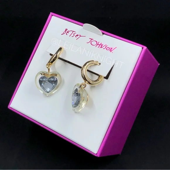 Betsey Johnson Gold Tone Crystal Heart Huggie Hoop Earrings - Picture 5 of 11